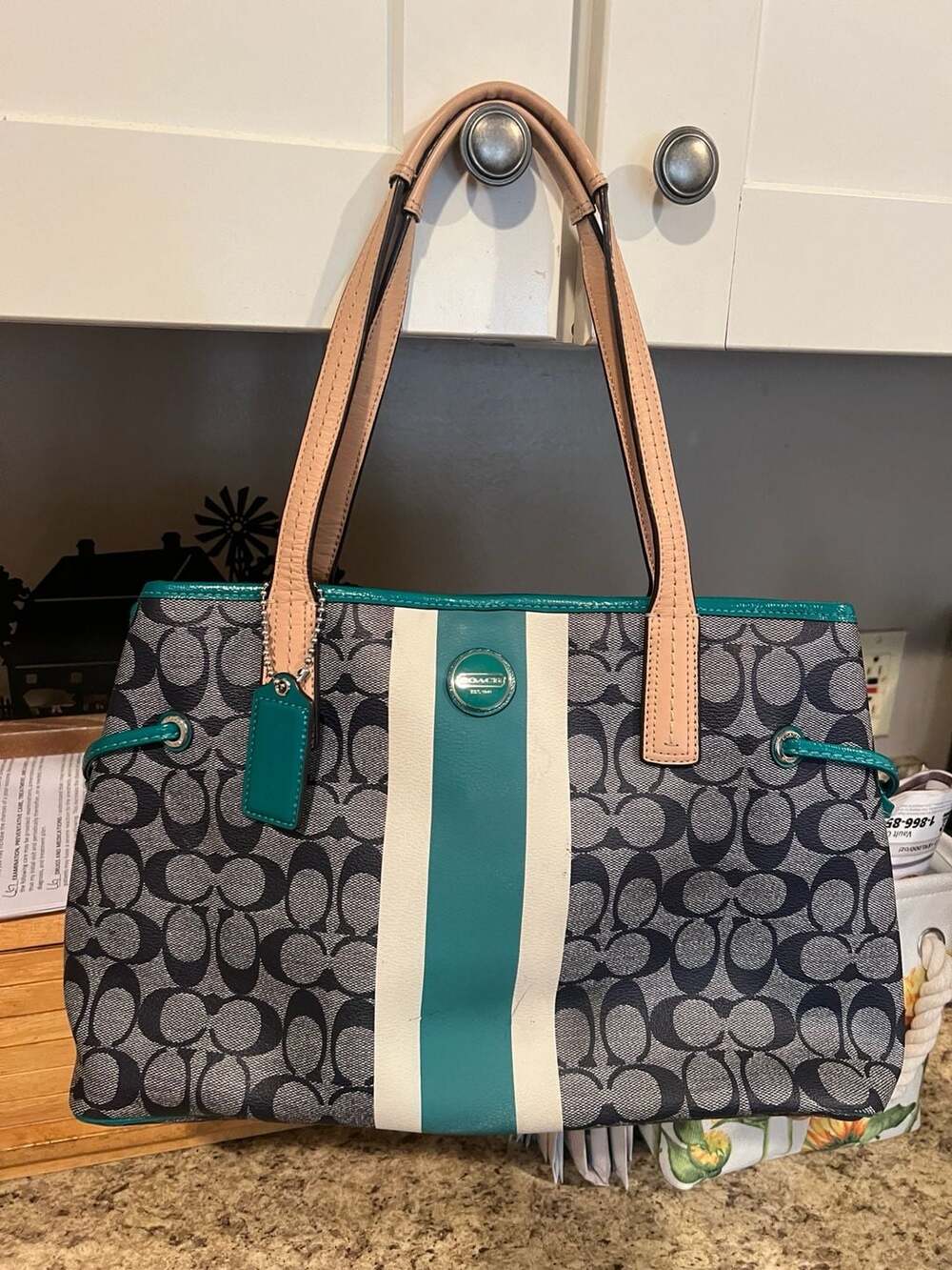 COACH Signature Stripe Blue Green Carryall Shoulder Bag F22908